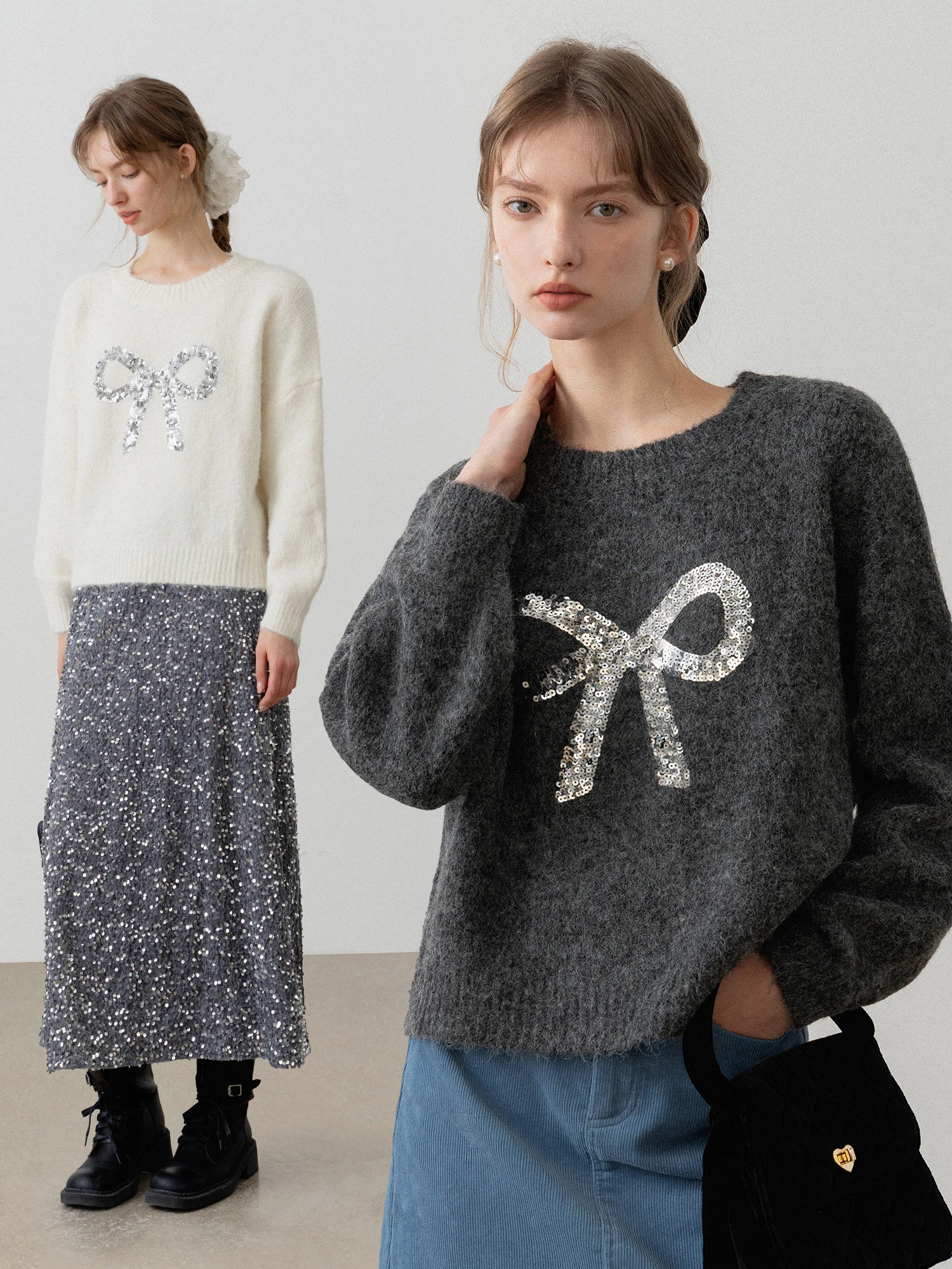 

EGGKA Sequin Knot Design round Neck Pullover Sweater 2024 New Simple Loose Lazy Style Top Polyester Fiber