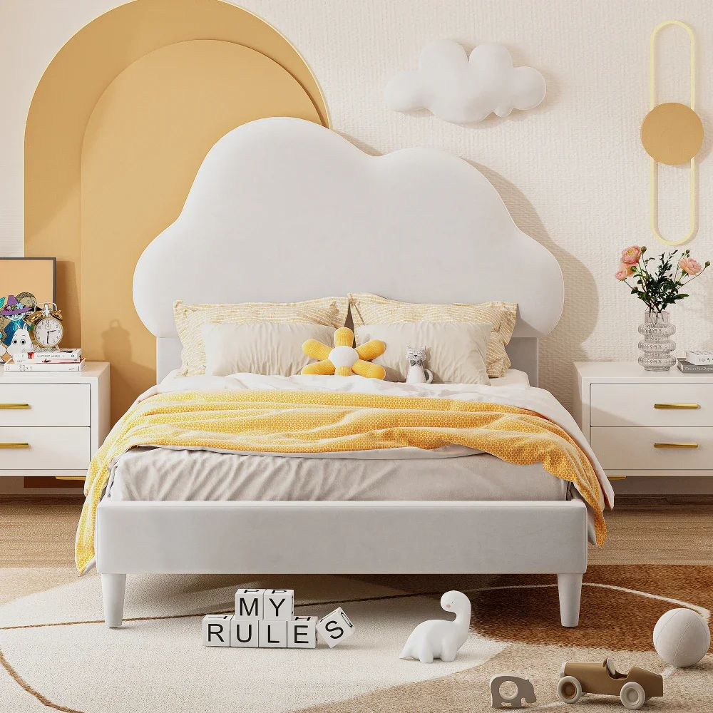 Twin cushion cloud shaped velvet platform bed with headboard, no need for springs Solid Construction Easy to Install