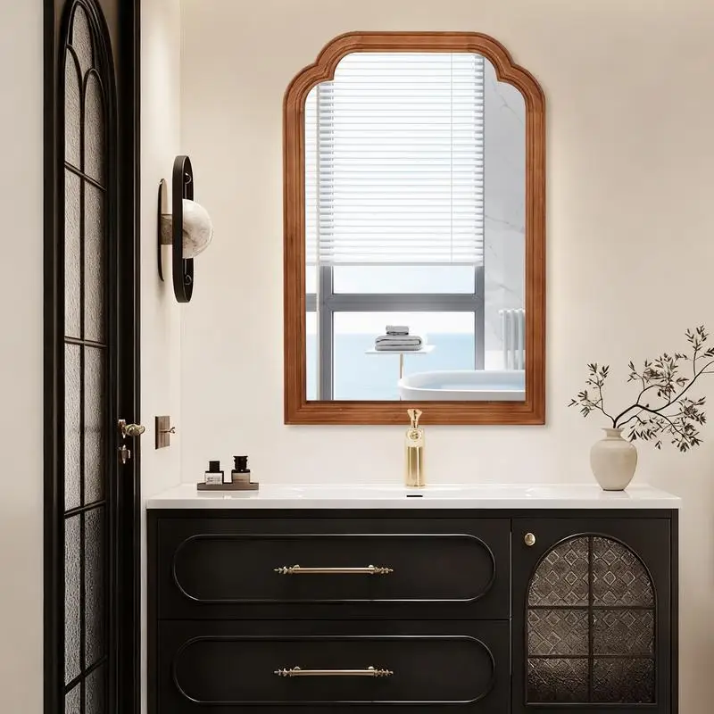 مرآة زخرفية زاوية مستديرة من الخشب الصلب مقاس 24 × 36 بوصة باللون البني الأصفر لغرفة النوم والحمام وغرفة المعيشة وديكور المدخل #1