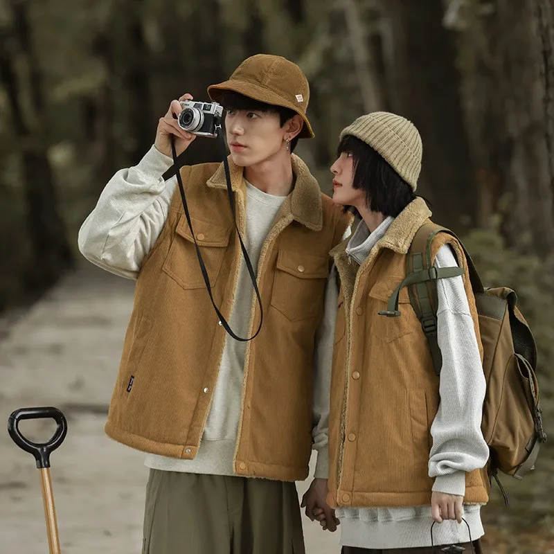 

Высококачественный мужской вельветовый жилет с подкладкой из овечьей шерсти, модный, 2025 года, особый дизайн, однотонный, с отложным воротником, без рукавов