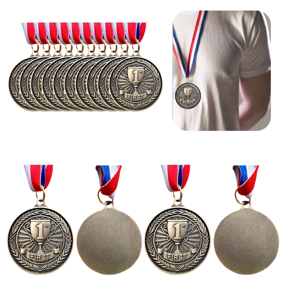 เหรียญรางวัลสีทอง/เงิน/ทองแดง 10 ชิ้น พร้อมริบบิ้นคล้องคอ เหรียญรางวัลสำหรับการแข่งขัน เหรียญรำลึกขนาด 5 ซม. สำหรับมาราธอนและเกมบอล