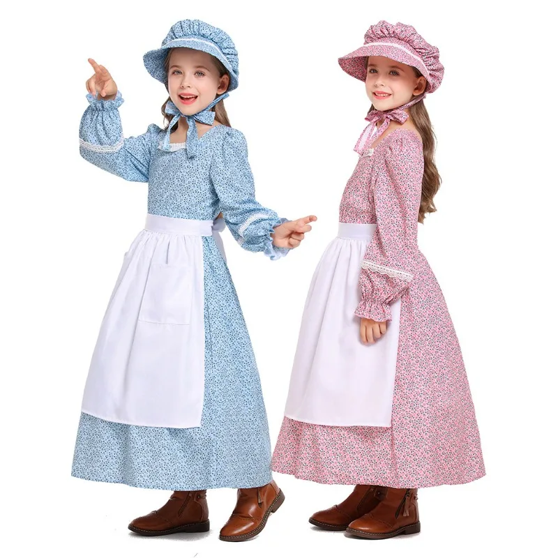 Carnival Cosplay Costumes Pink Blue Floral Long Skirt Apron Headscarf Suits Festival Theme Party Role Playing Outfits for Girls