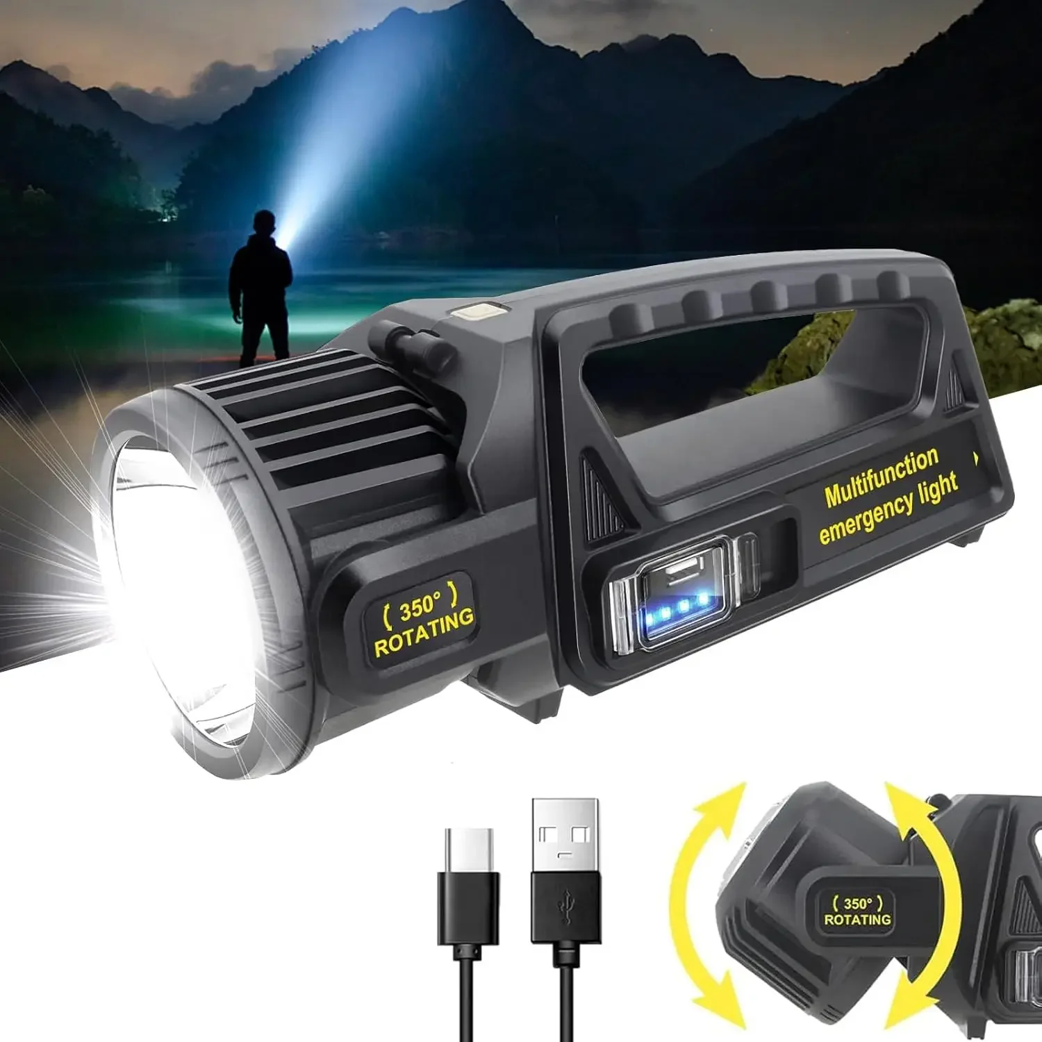 

1100 Lumen Super Bright Searchlight Portable Flashlight Rechargeable Outdoor Camping Emergency Lamp 9 Mode Waterproof Work Torch