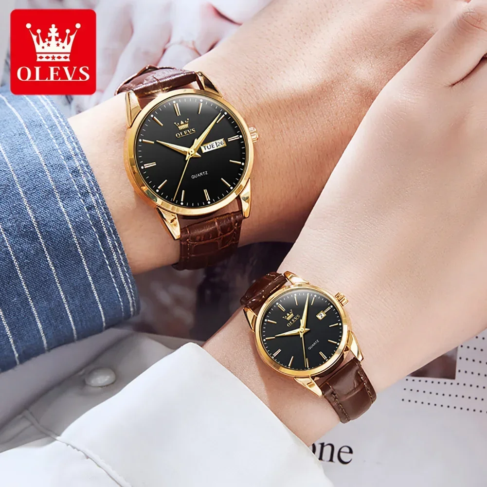 OLEVS Orologi da coppia al quarzo Cinturino in pelle di lusso Doppio calendario Impermeabile Orologi da polso per amanti dell'affari di moda Set regalo Reloj