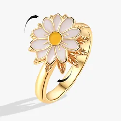 Enamel Daisy Flower Plant Anxiety Knuckle Ring For Women Golden Metal Copper Rotate Freely Ring Fidget Spinner Anillo Ajustable