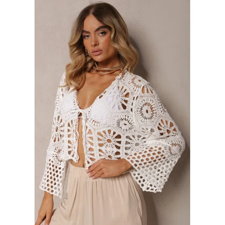 

Retro Hooked Hollow out Knitted Cardigan awl Belted Outerwear Top Women's Spring Faion V-ne Svel Loose Fit Polyester