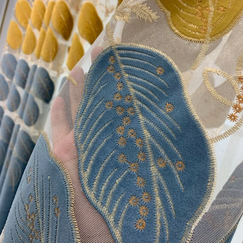 Hollow-out Golden Blue Leaf Semi-Blackout Curtains for Living room Coffee Exquisite Embroidered Leaves Bedroom Drapes MY211#30