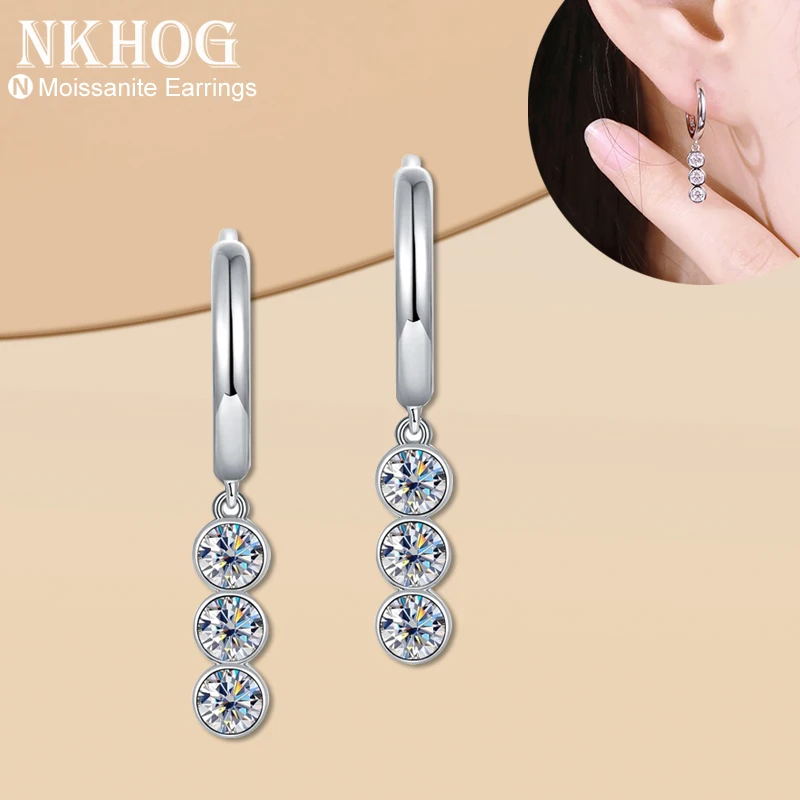 

NKHOG Moissanite Hoop Earrings For Women 3mm 3 Stones D Color VVS1 Moissanite Drop Earrings S925 Silver Jewelry Gift for Girls