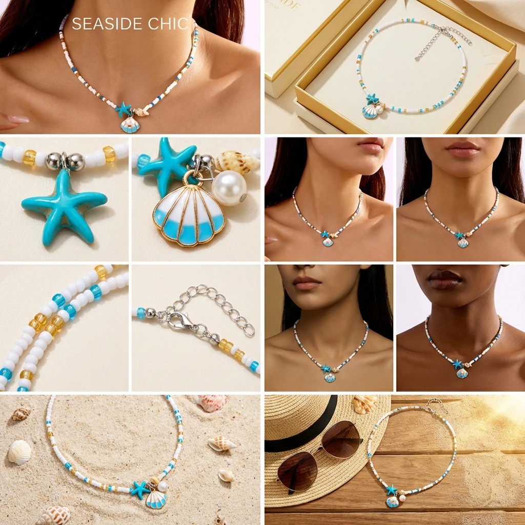 Einfache Seestern-Anhänger-Halskette mit Metallgehäuse für Damen, böhmische Halskette mit gemischten Farben und Reisperlen, Strandurlaubsschmuck – Detail 2