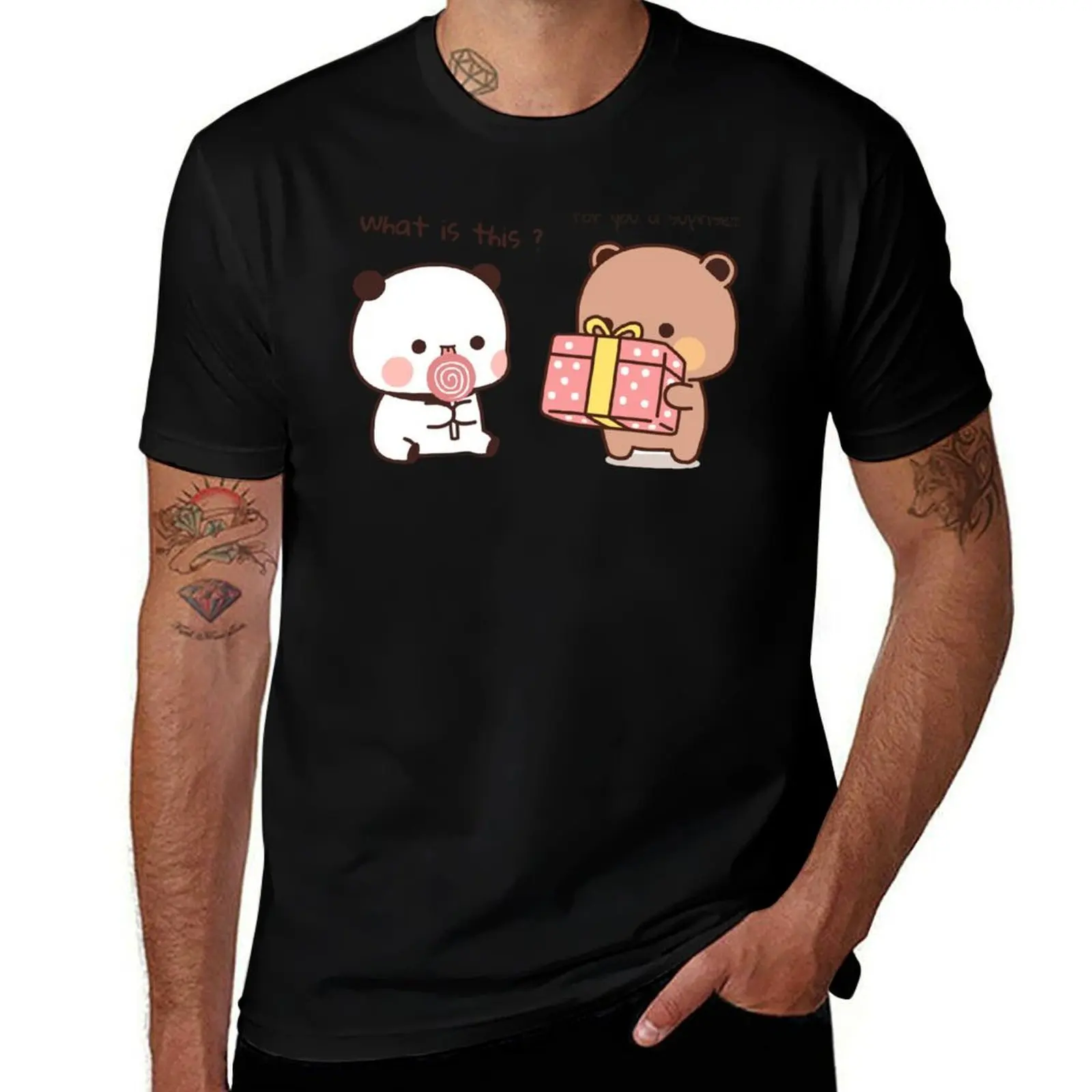 

DuDu Bear surprising his love BuBu Panda T-Shirt graphics Luxury man cotton man t-shirts Men's cotton t-shirt