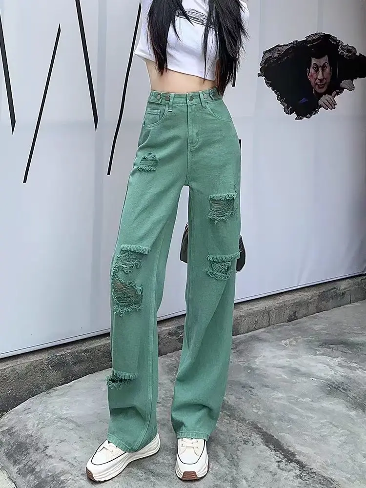 Ripped Trousers Straight Leg Women\'s with Holes Jeans Cowboy Pants for Woman Torn Green High Waist Shot 2025 Korean Style Unique