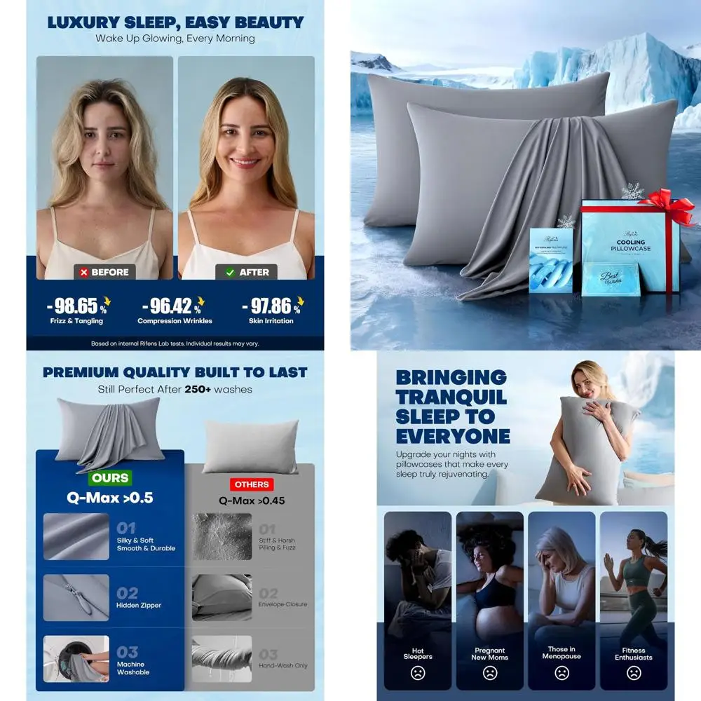 

Cozy Double Cooling Pillowcases for Hot Sleepers, Silk-Soft Covers to Safeguard Hair and Skin, Breathable with Zipper Closure, I
