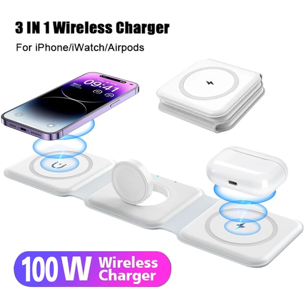 100W 3 in 1 foldable Wireless Charger Pad for iPhone 15 14 13 12 Pro Max Airpods iWatch 8 7 Fast Charging Dock Station Chargers