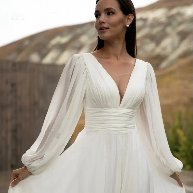 Abito da sposa donna 2024 a-line abito da sposa a pieghe senza schienale in Chiffon bianco con maniche lunghe a sbuffo personalizza le misure 2024 abito da sposa