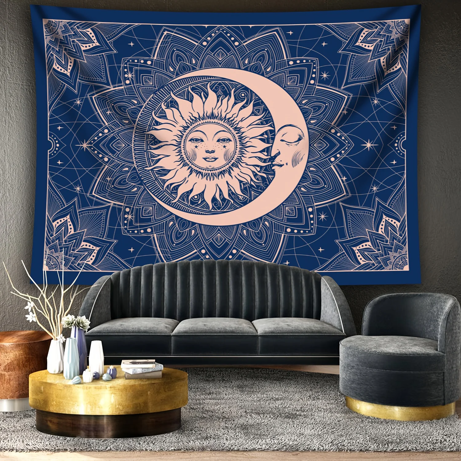 1pc Vintage-style sun and moon mandala tapestry, made of polyester machine washable, suitable for bedroom living room decoration