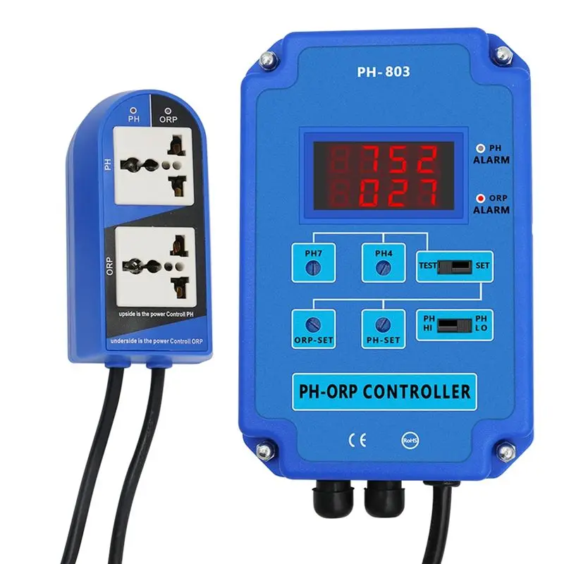 A01E-Digital 2&1 PH ORP Monitor Digital PH Monitor Blue For Aquarium Hydroponics Plant Pool Spa W/ Output Power Relay EU Plug