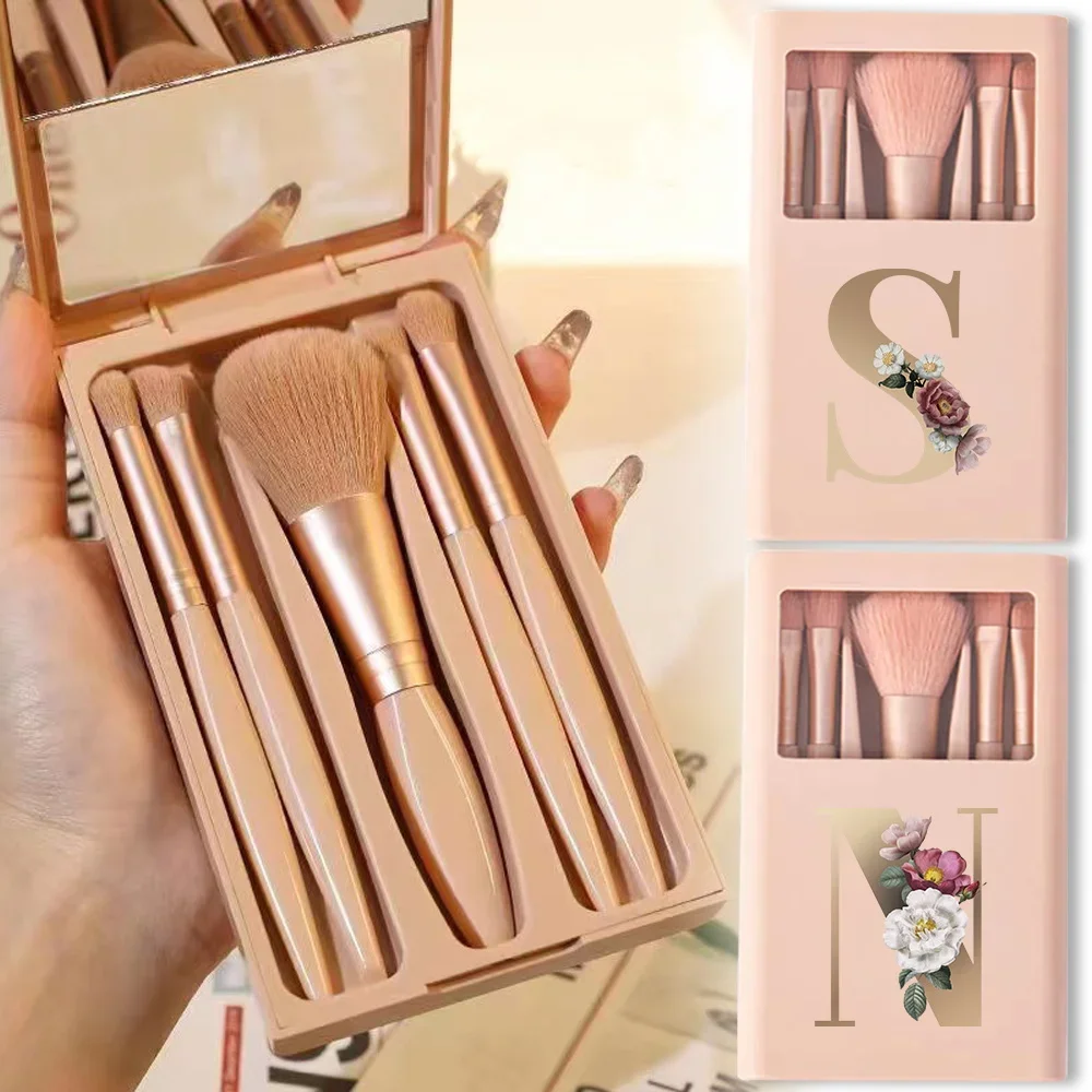 

5pcs Cosmetic Brush Set Storage Box With Mirror Portable Beauty Makeup Brushes Kit Case Gift To Beginner Gold Letter Pattern
