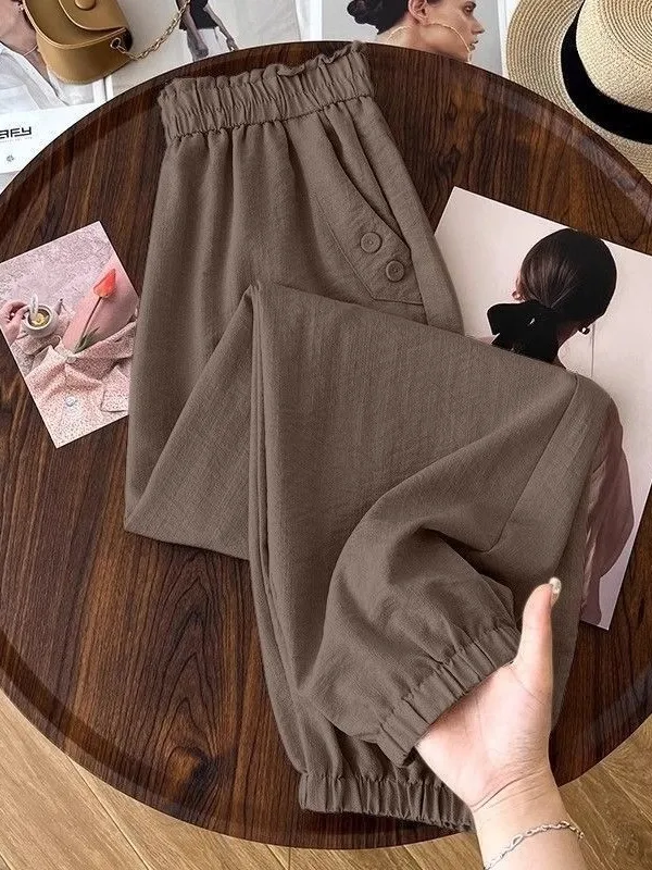 

Женские летние тонкие брюки-галифе из ледяного шелка и конопли, с высокой талией, повседневные, с отворотами, утягивающие, свободного кроя, в корейском стиле