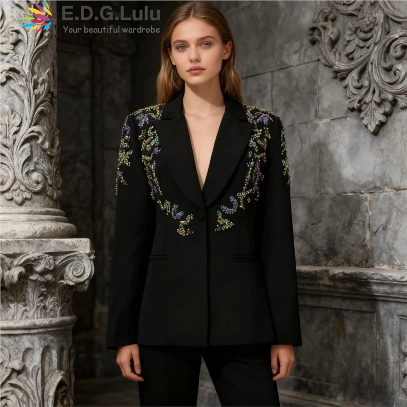 EDGLuLu Korean Fashion Sequin Patchwork Blazer Turn-Down Collar Long Sleeve Black Coat Ladies Office Lady 1116