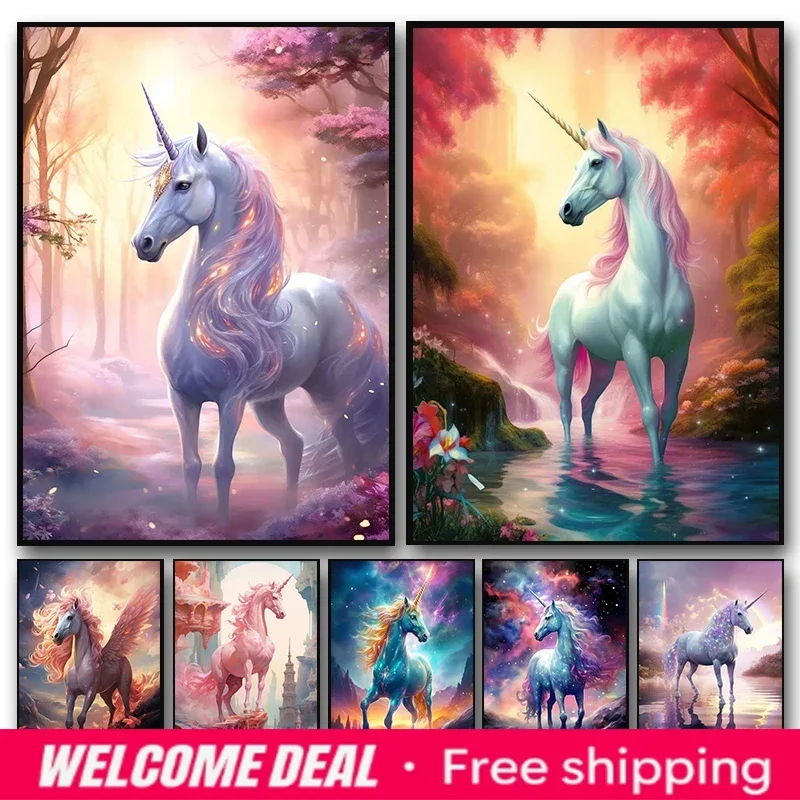

2026 Fantasy Beautiful Pink Unicorn Poster Colorful Pegasus Abstract Diamond Paintings Print Wall Art Pictures Home Decor Pint