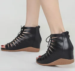 Wedge Hidden Heel Gladiator Rome Sandals Women Caged Hollow Out High Top Summer Ankle Boots Peep Toe Shoes Casual Flats 2024
