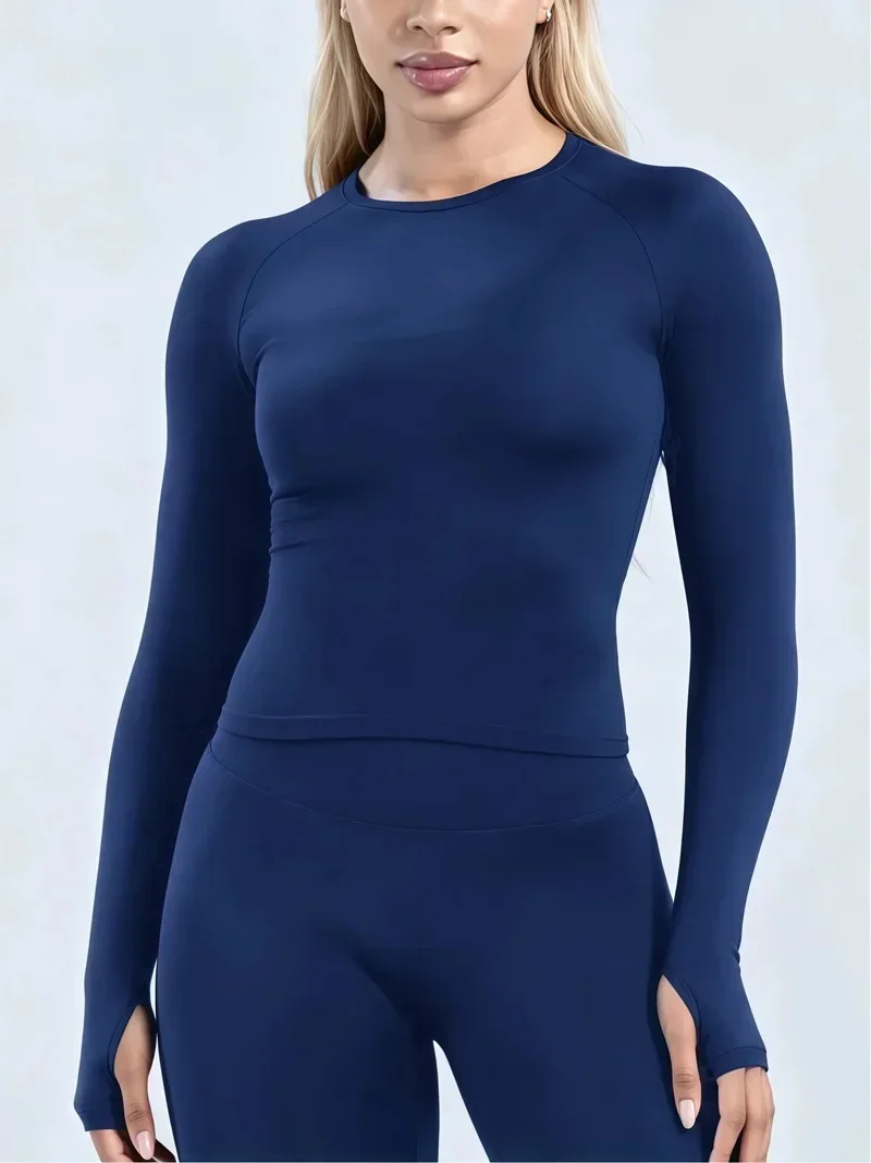 Damen Gym Top Nahtloses Defy Langarm-Oberteil Rundhals Yoga Workout Kleidung Slim Fit Laufbluse Sport Fitness Shirt – Detail 22