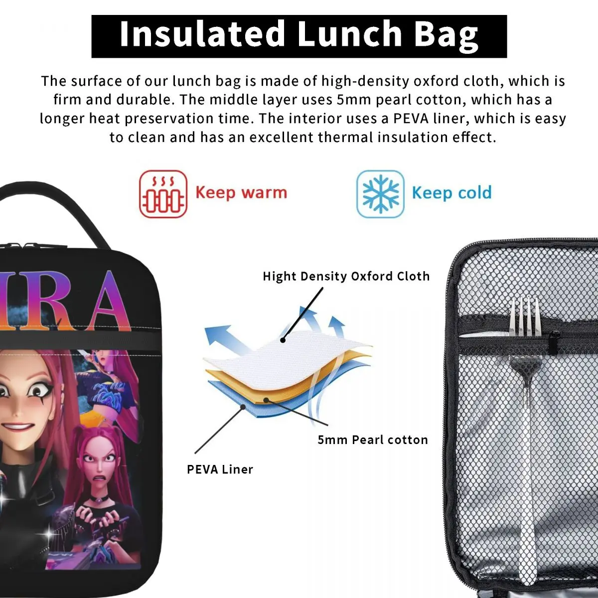 مخصص KPops ميرا هنتركس هنتر الشياطين معزول حقيبة الغداء للمدرسة مكتب مقاوم للماء الحرارية برودة علب الاغذية النساء الأطفال #4