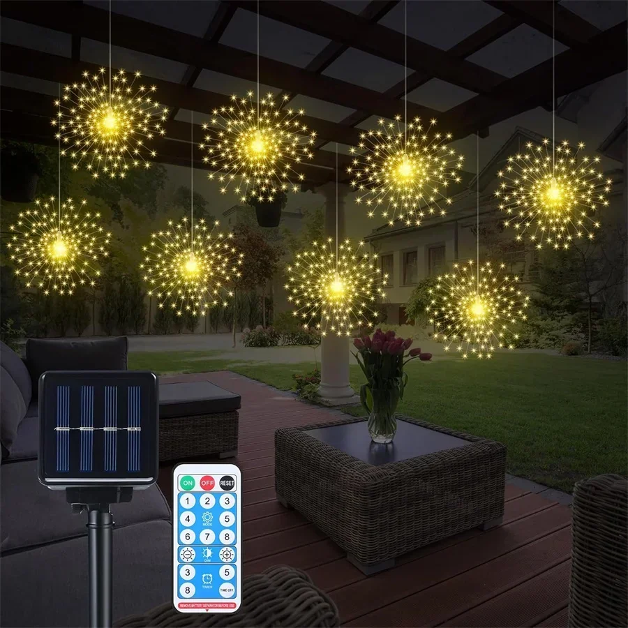 600/1200 LED Solar Firework Hanging Lights Outdoor Fairy Christmas Starburst Lights Waterproof Solar Copper Wire Garland Lights