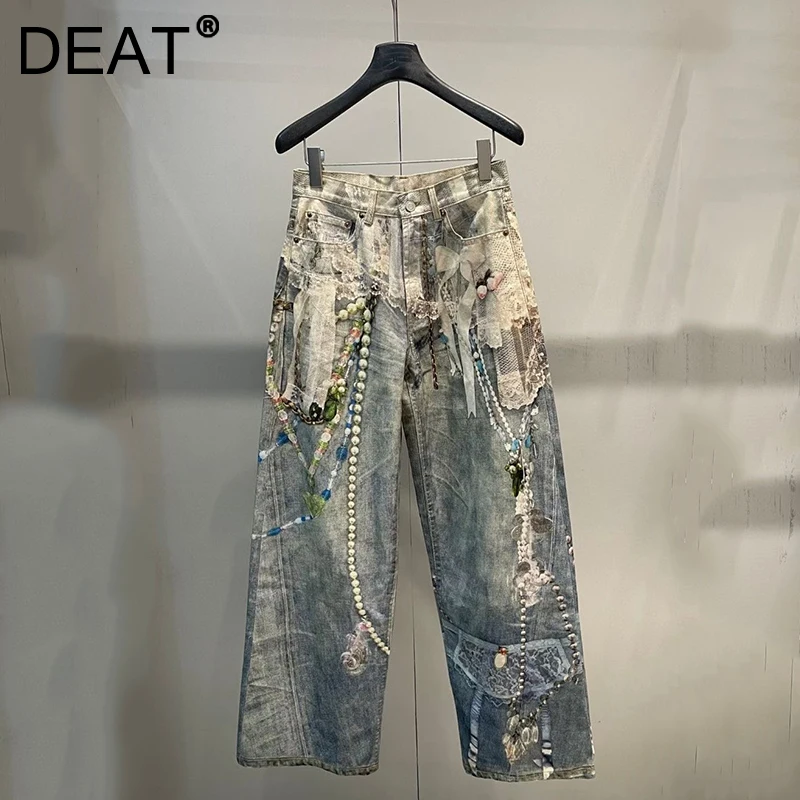 DEAT Fashionable Niche 3D Printed Lace Pearl Chain Denim Pants for Women High