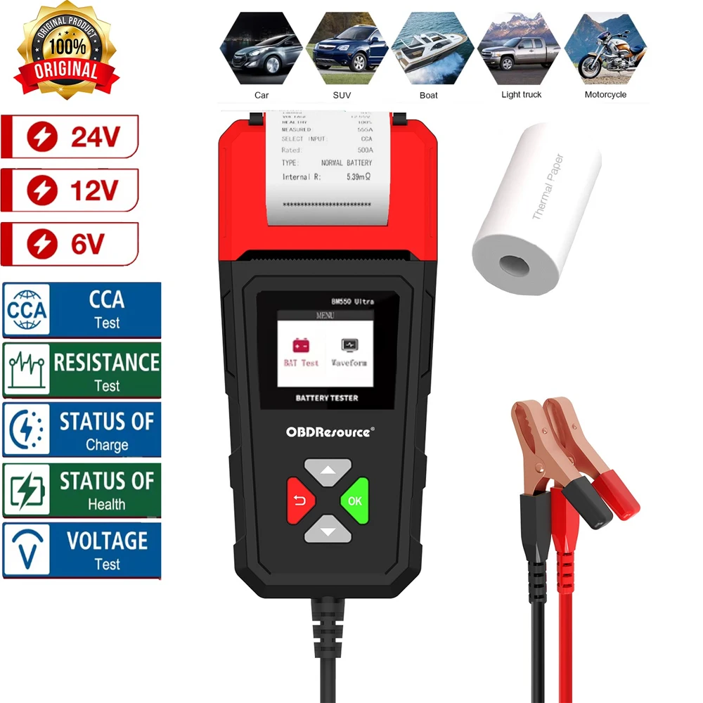 

OBDResource BM550 Ultra Car Battery Tester 6V/12V/24V 100-2000CCA Automotive Digital Battery Voltage Tester with Built-in Printe