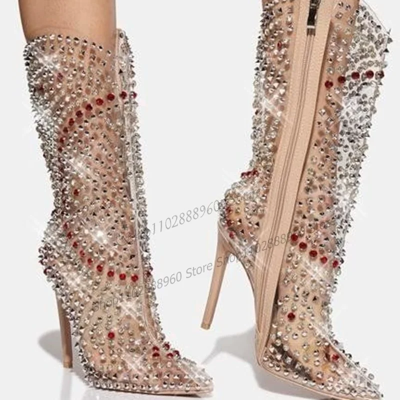 

Mixed Color PVC Crystal Decor Boots Mid Calf Thin High Heel Women Shoes Side Zipper Pointed Toe 2023 Fashion Zapatos Para Mujere