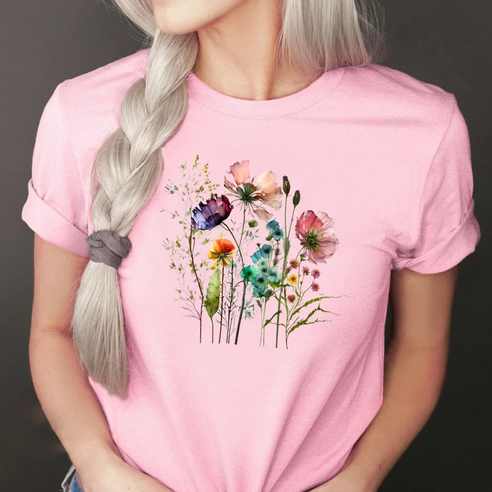 Really Lovely Flower Bouquet Print Women's Tees Retro Floral T-Shirts Watercolor Flower Summer Trend Female Plant Ladies Shirts