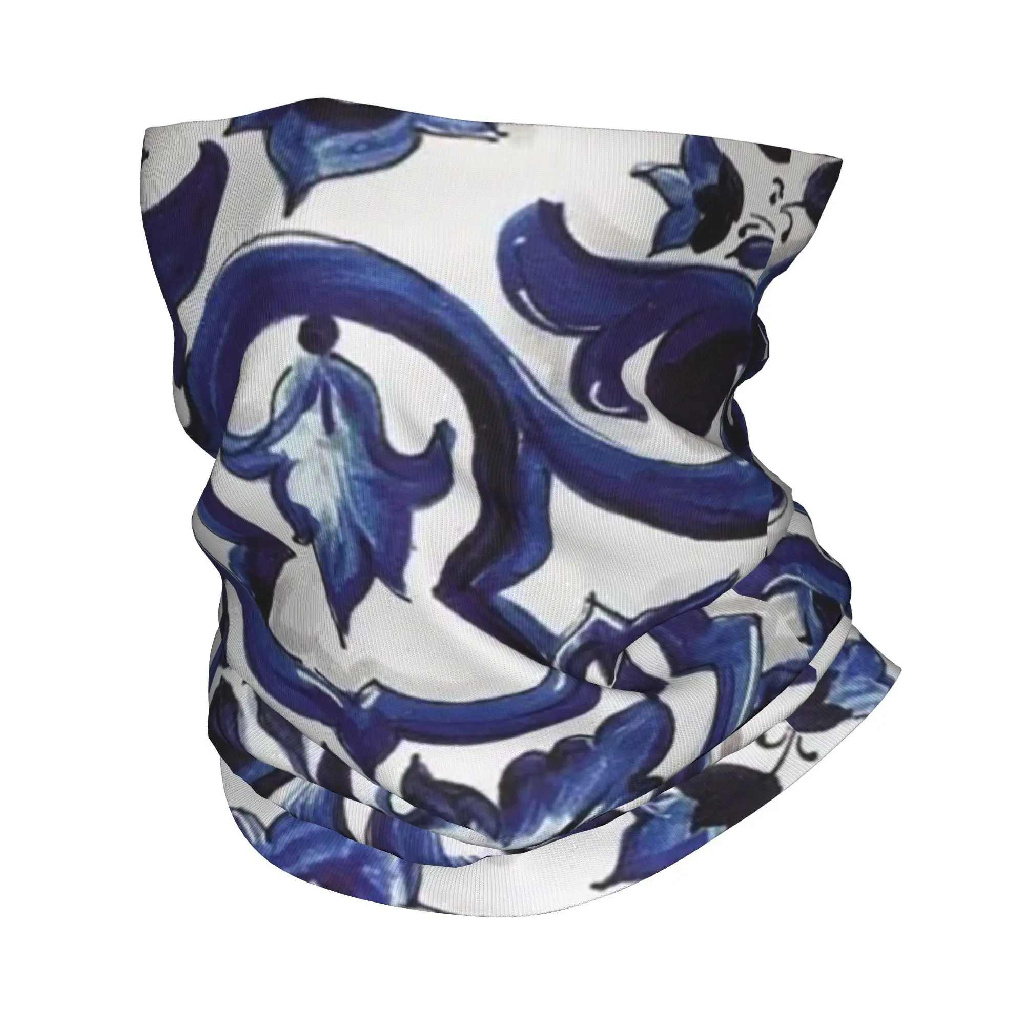 파란색 화려한 꽃 지중해 시칠리아 타일 두건 목 커버 인쇄 랩 마스크 스카프 Balaclava 남성 여성을위한 실행