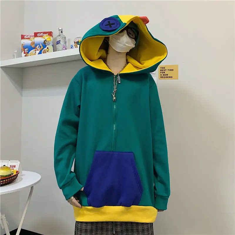 Sweats à capuche grenouille de style coréen, pull en peluche demi-fermeture éclair, manteau vert ample, vêtements Kawaii, sweats à capuche de combat