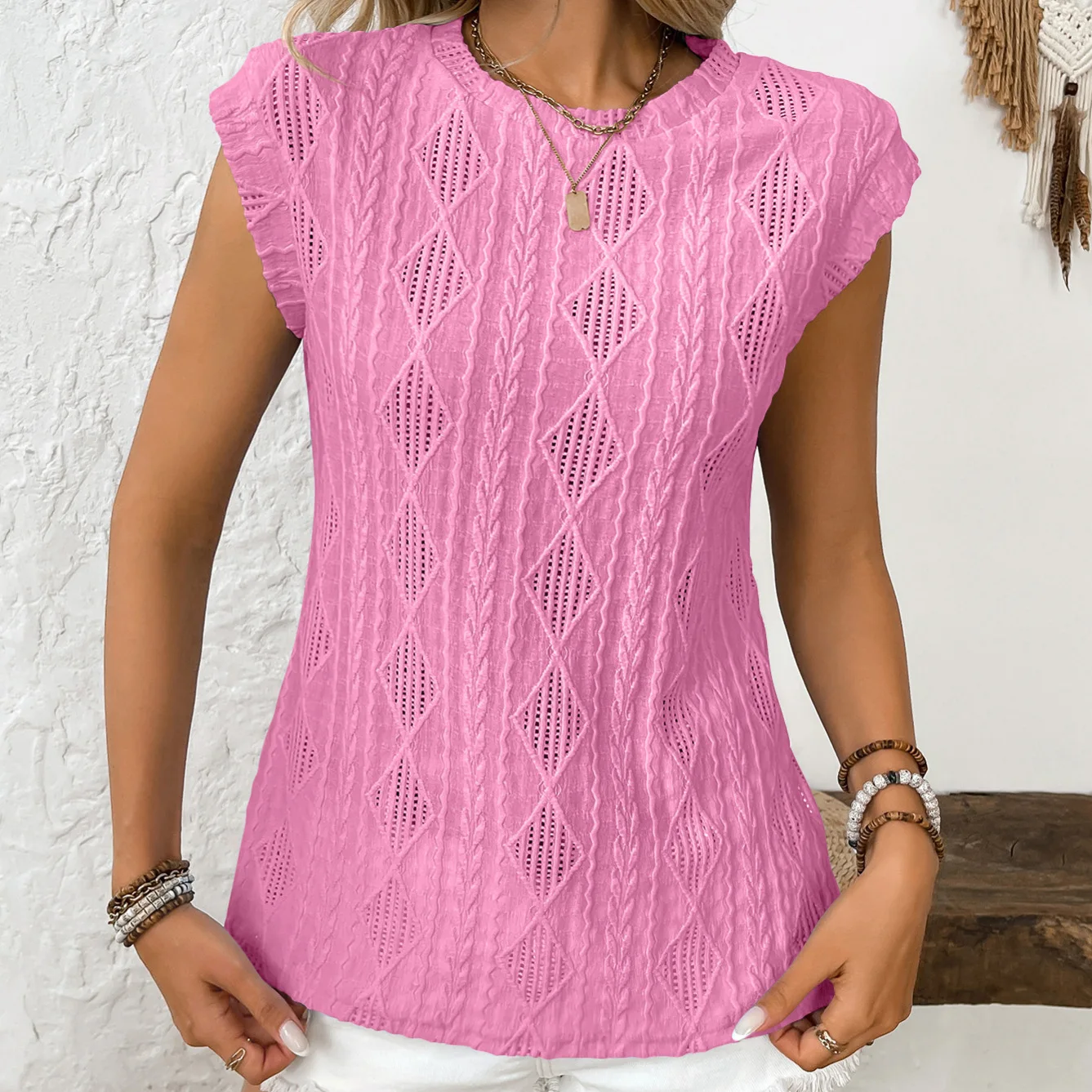 T-shirt ample rond Ne Jacquard ort Sve pour femme, coupe propre, Version H, matériau en lin d'hiver d'âge moyen, autres matériaux, 2025