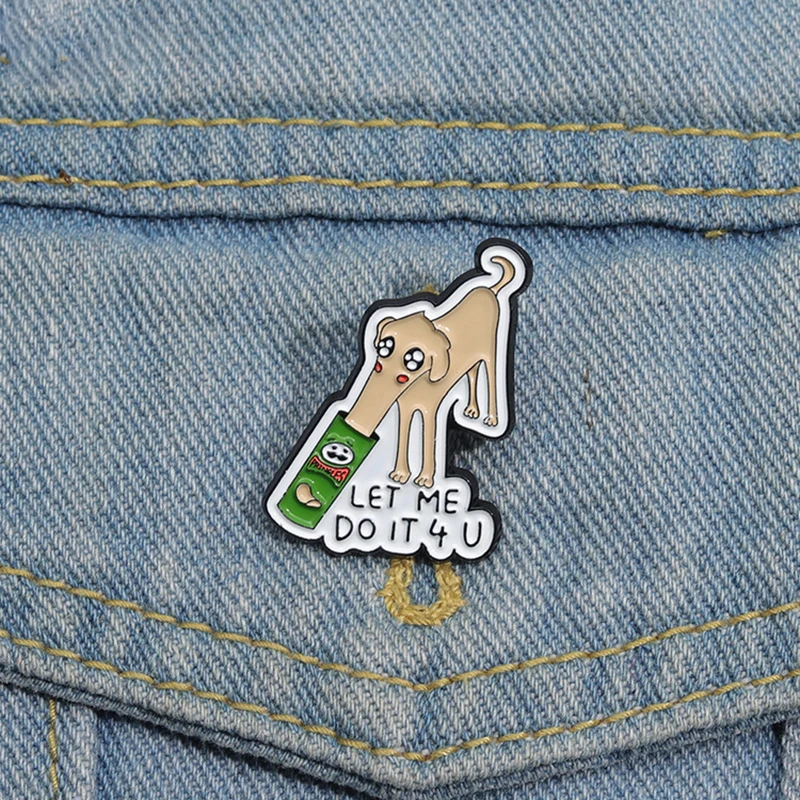 

Dog Eats Potato Chips Enamel Pins Custom LET ME DO IT Brooches Lapel Badges Cartoon Animal Jewelry Gift for Kids Friends