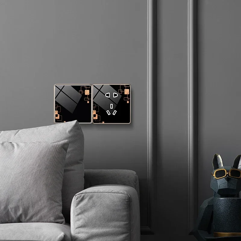 DepoGuye Black patterned crystal glass panel bedroom wall light switch button, EU standard wall switch socket AC110V-250V