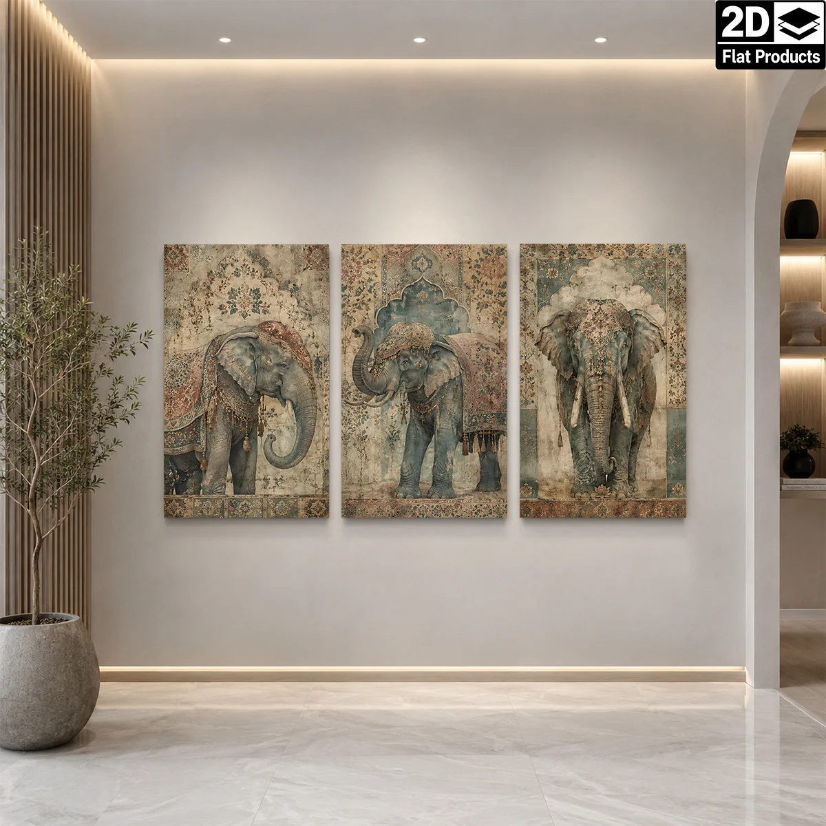 Frameless canvas 2D Flat 3PCS - Three vintage-style elephant paintings with floral patterns. Themed Canvas Wall Art, Waterpro