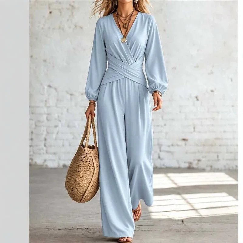Wide Leg Casual Set with Long Sleeve Autumn T Shirt V Neck Spring Pants Relaxed Fit Patchwork Summer Casual Style Top Set Women