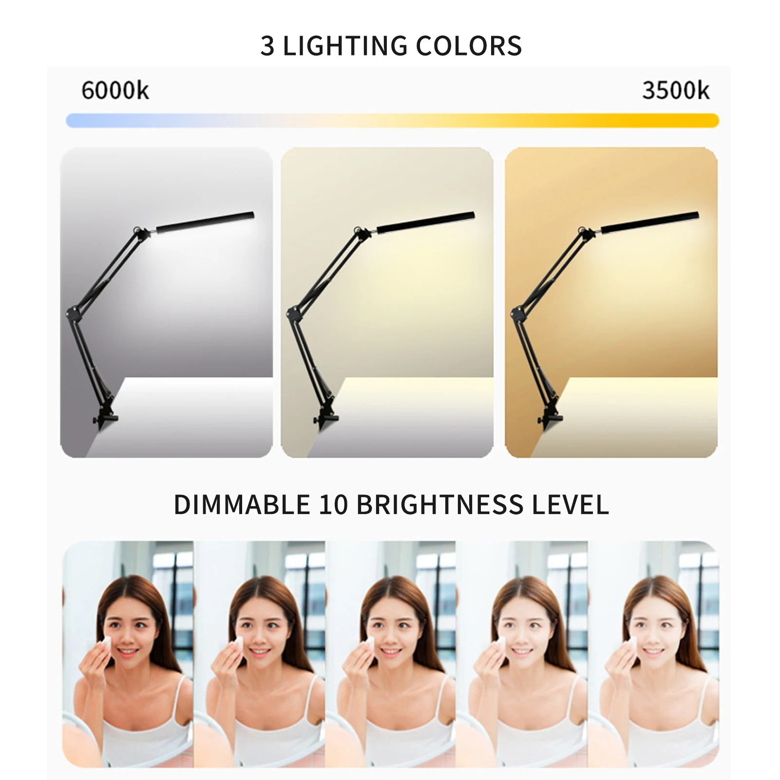 Dimmable LEDs Desk Reading Light with Clamp 3 Color Modes & 10 Brightness Levels Memory Function Eye-caring Swing Arm Desk Lamp