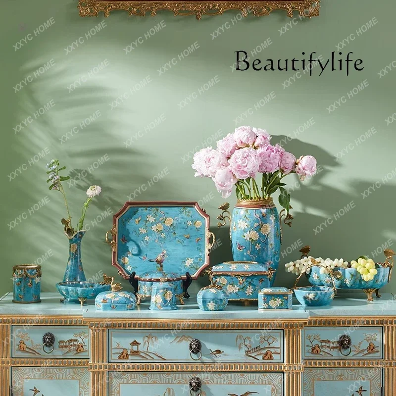 X35 Retro Ceramic Ornaments, High-end Jewelry, Chinese Style Home Furnishing Copper With Porcelain Vase, High-end Entrance