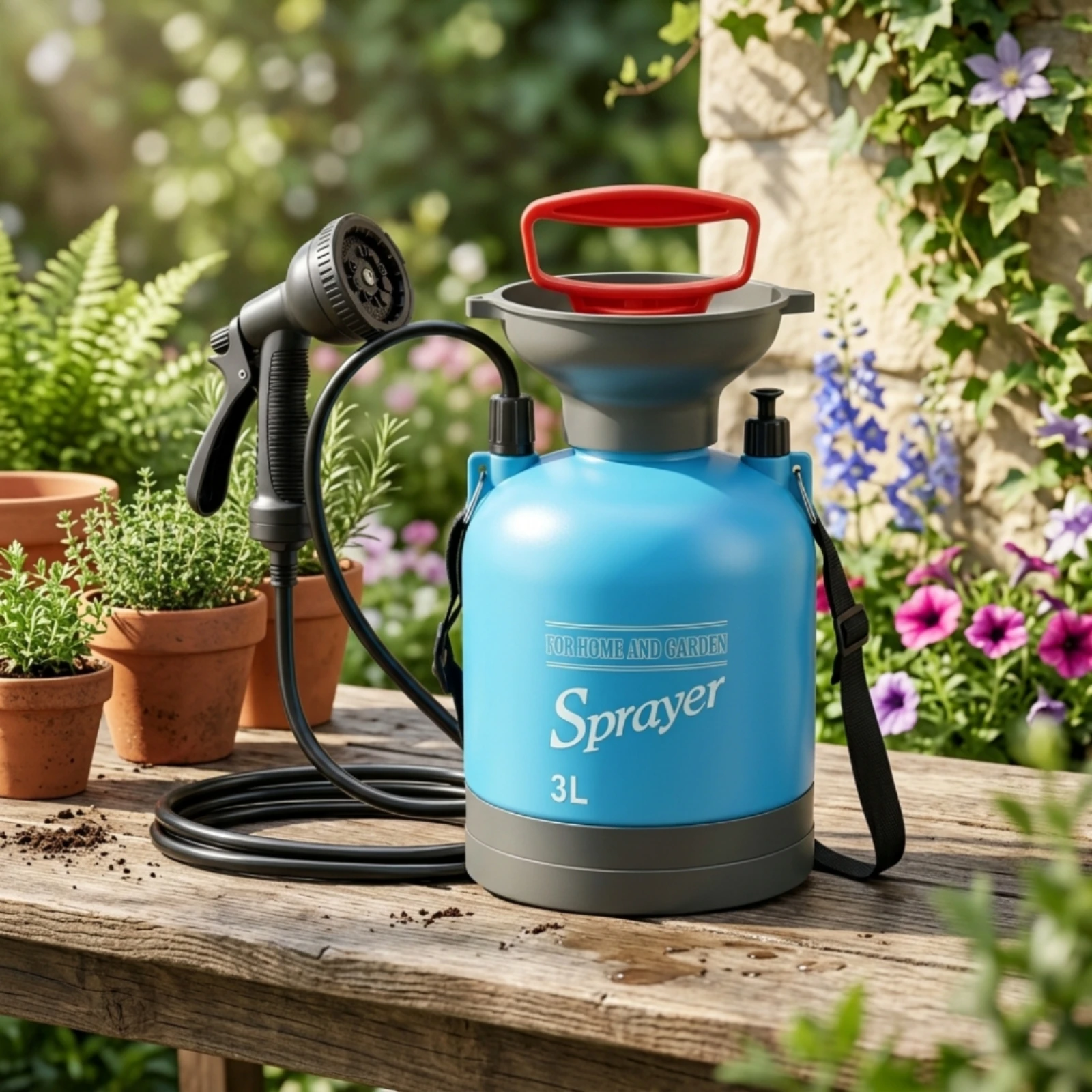 Portable Shower with 10-Pattern Nozzle Pressurized Manual Sprayer with Shoulder Strap for Campers, Camping, Yard Cleanup