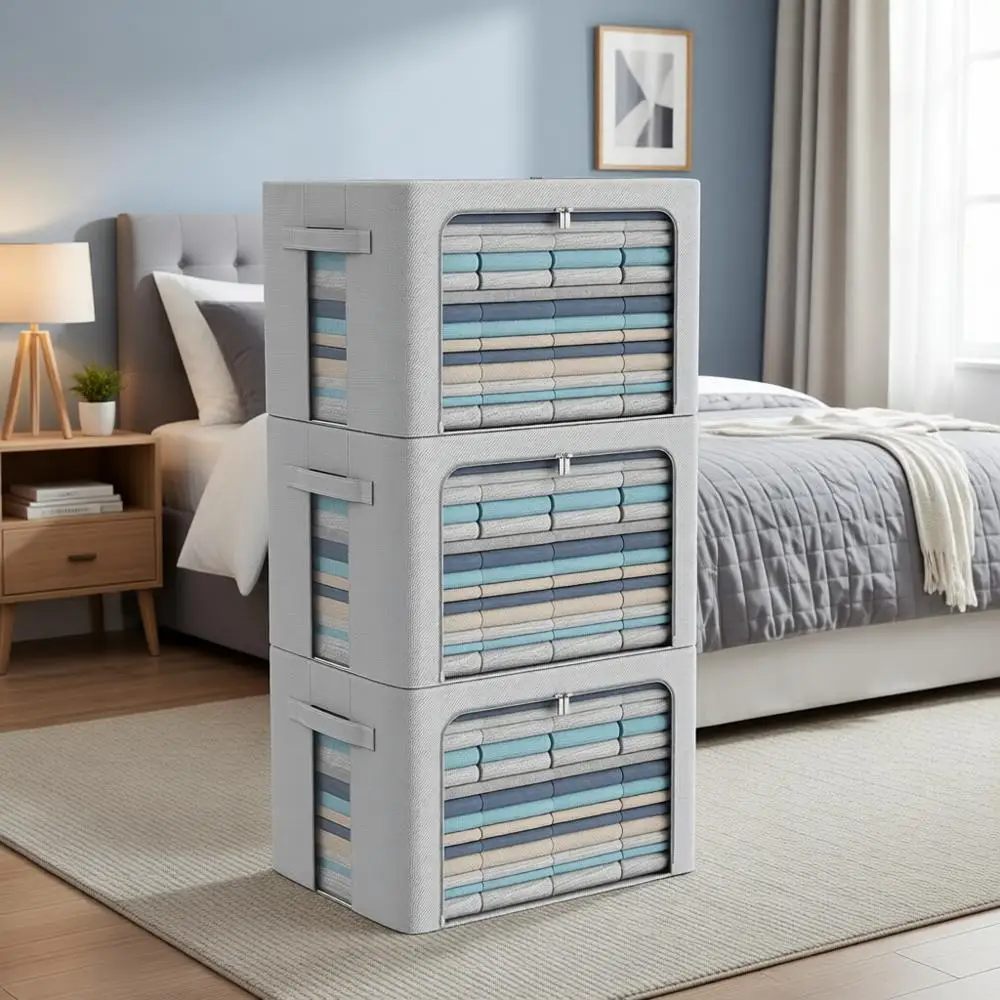 

Large 66L Fabric Storage Box with Clear Window and Carry Handles for Clothes - Grey (Stackable & Foldable Organizer Set)