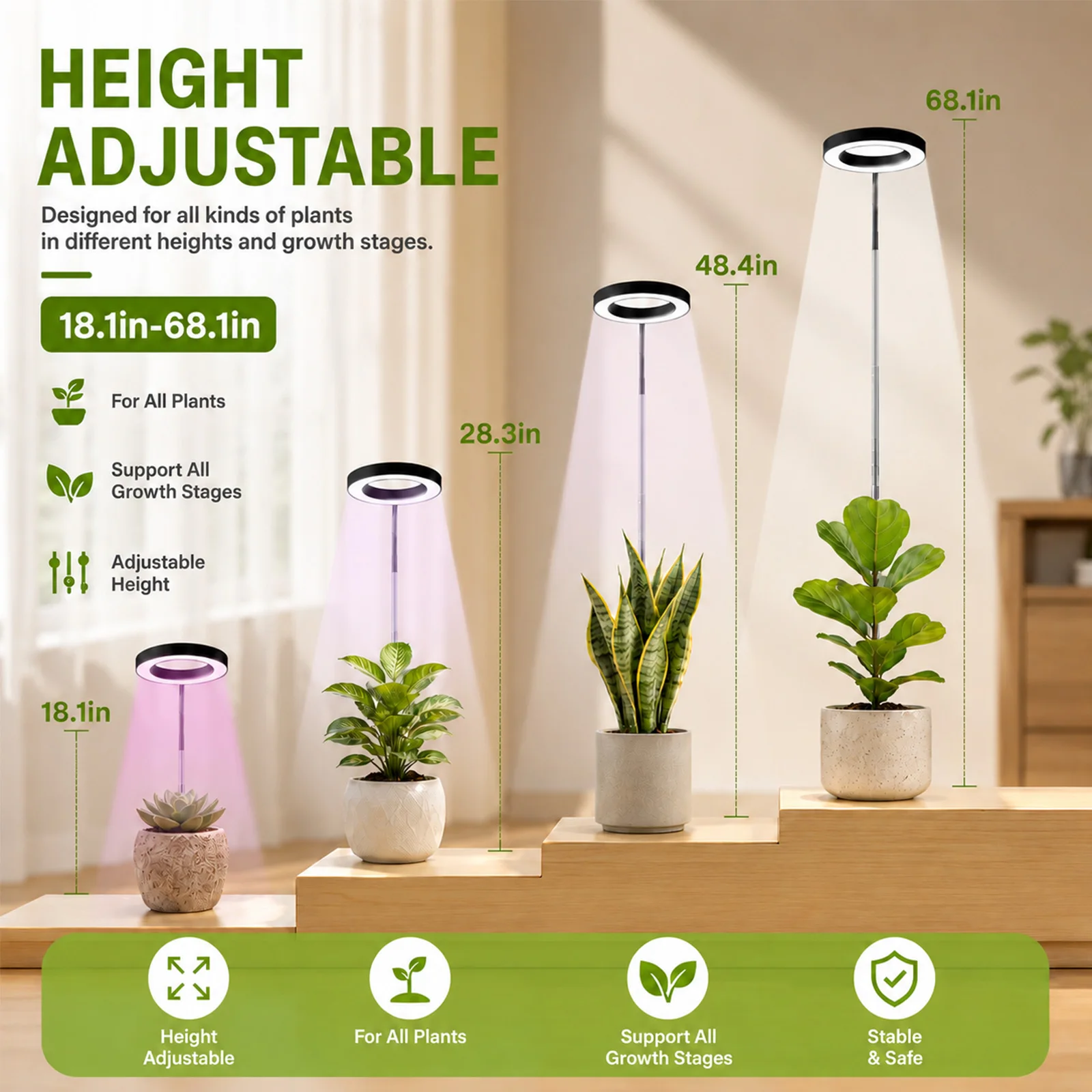 Grow Light for Indoor Plants 72 LEDs Full Spectrum 10-Level Dimming USB Powered Auto On Off 3/9/12H Timer 18