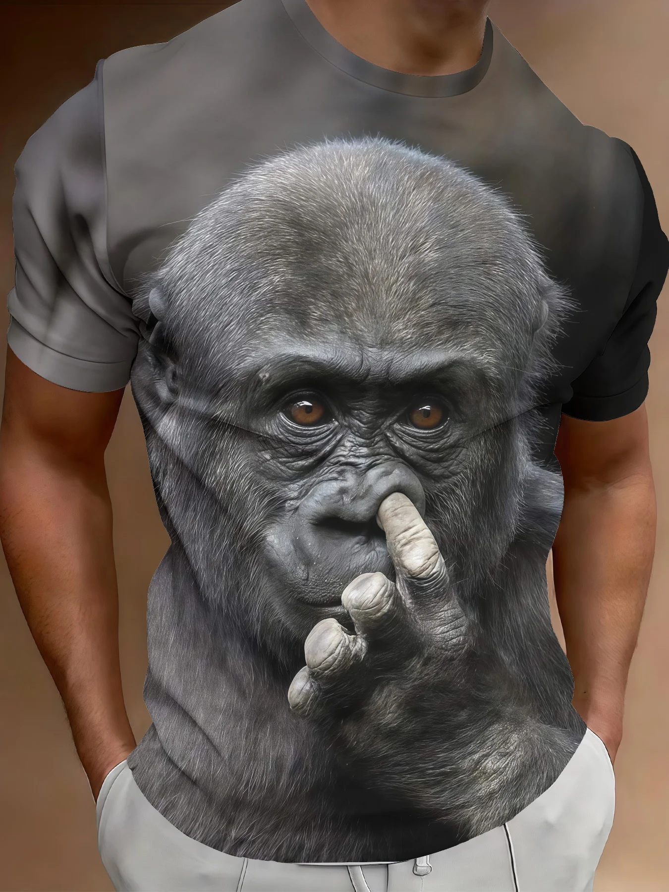 Men's 3D Realistic Gorilla Graphic T-Shirt Grey Funny Monkey Nose Poking Print Crew Neck Casual Tee