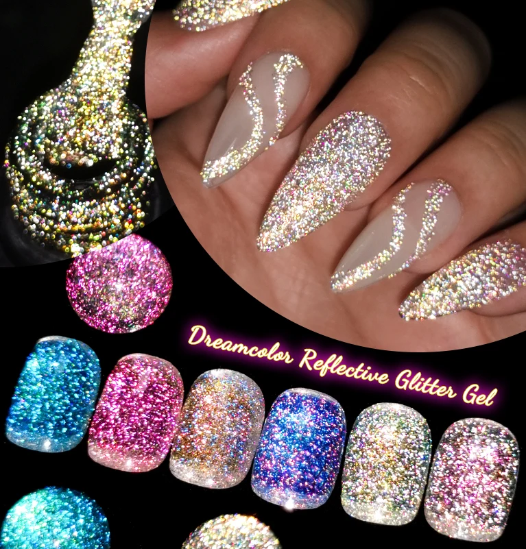 Reflective Glitter Gel Nail Polish Bright Sparkling Silver Color Semi-permanent Soak Off Nail Art UV Gel Varnish Manicure Design
