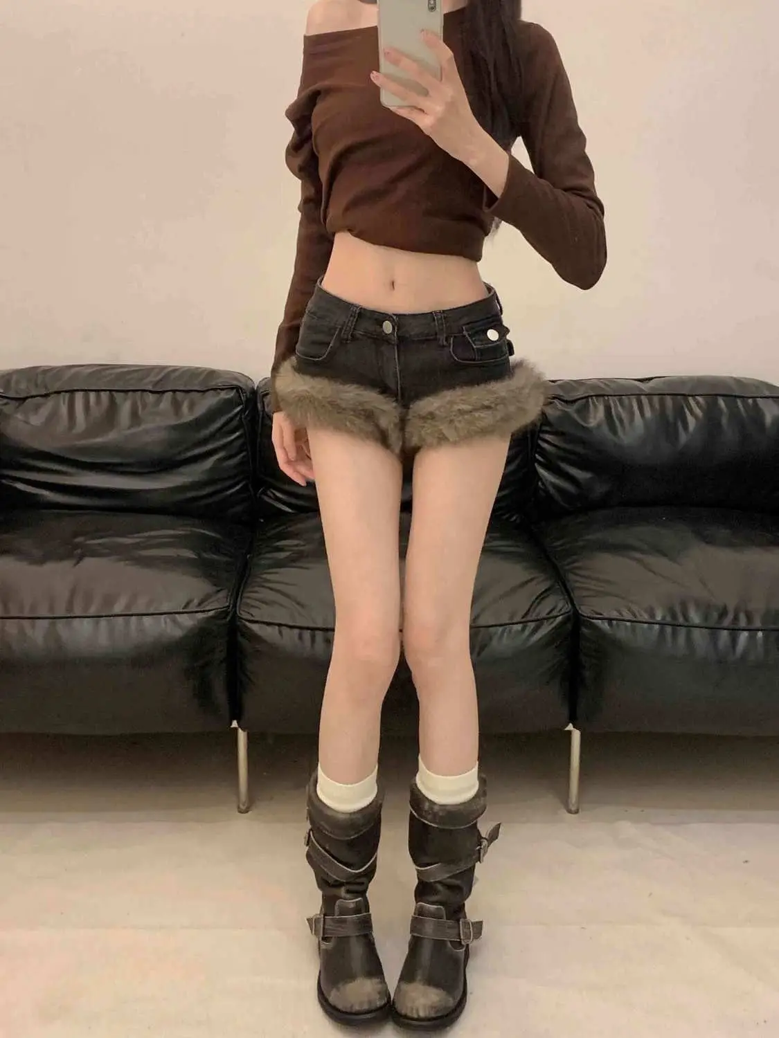 Summer Women's Plush Splicing A-line Sexy Denim Shorts Y2k Cool Girl Mini Trousers Female Fashion Wide Leg Hot Pants