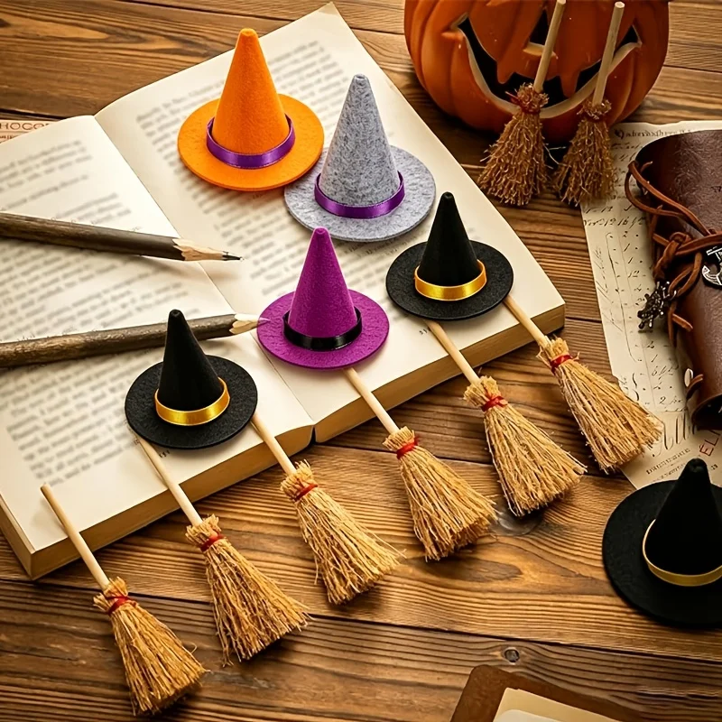 Mini Sombrero de Bruja y Escoba, Set Combinado, Accesorios de Decoración Hechos a Mano para Halloween, Decoración para Fiestas