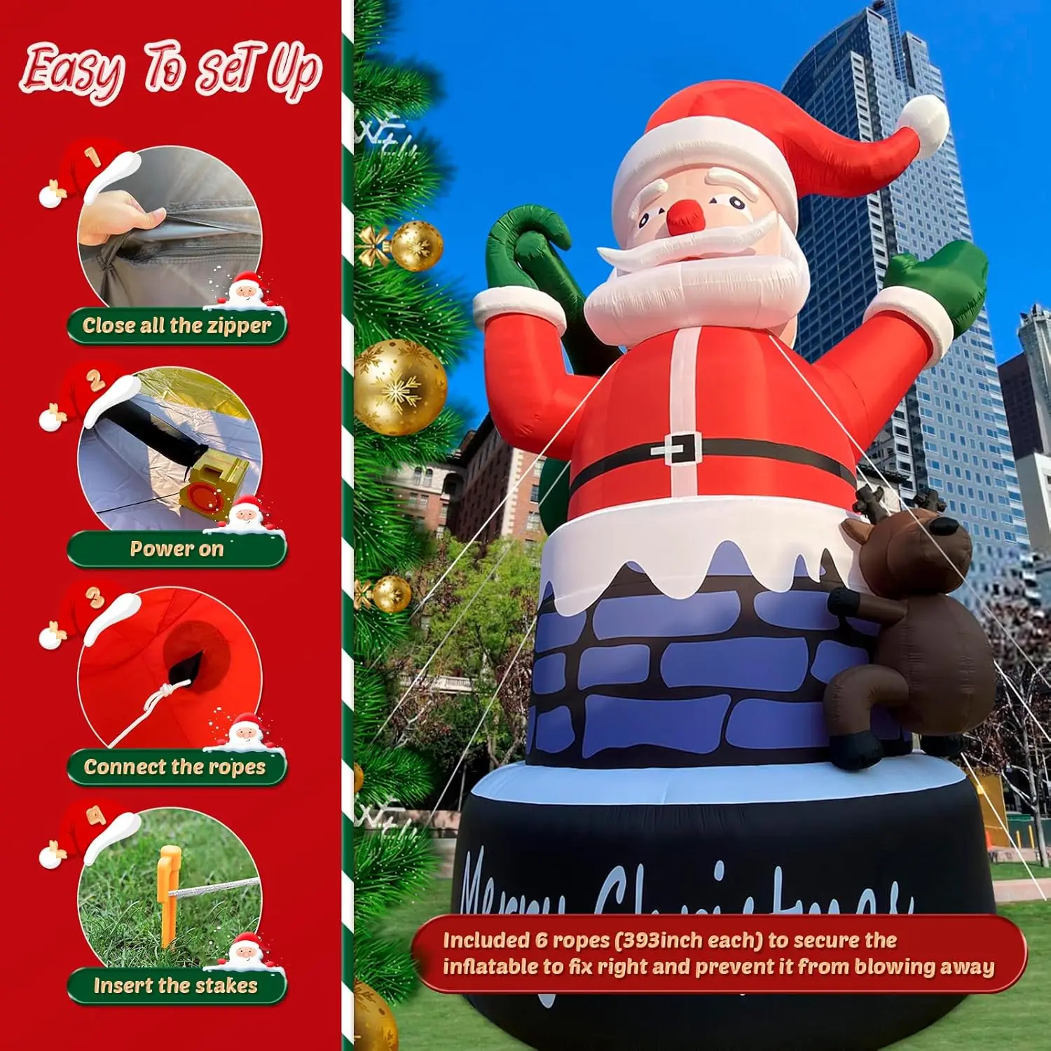 Babbo Natale gonfiabile gigante da 20 piedi nel camino con renna, grande Babbo Natale con ventilatore d'aria per la decorazione natalizia all'aperto