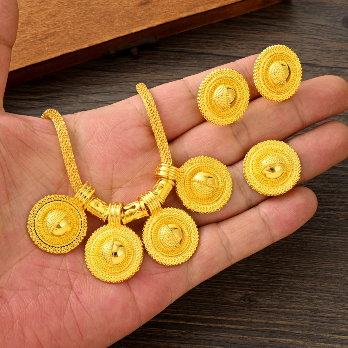 3PCS Golden Color Ethiopian Jewelry Set “Tai Chi” style Four Pendants Earrings Ring 3-Piece Set African Eritrean Wedding Gifts